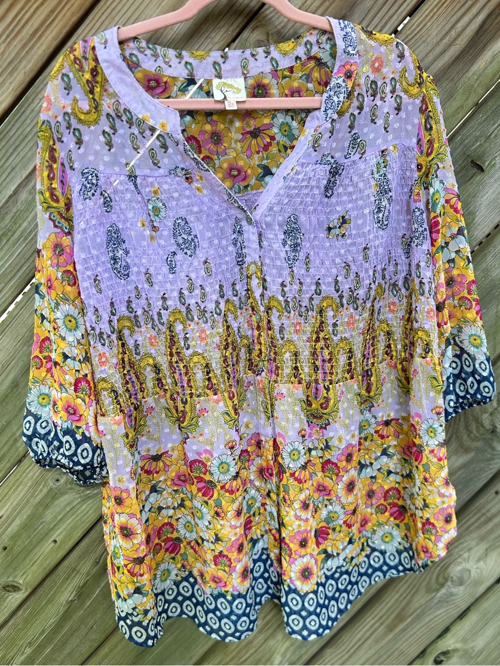fig and flower Sheer boho Lavender, Yellow & Navy Floral Tunic size 2X